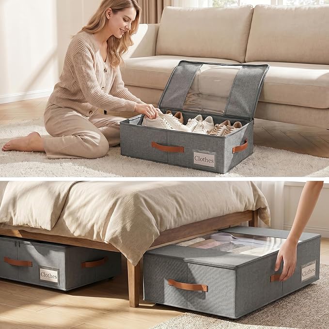 2-Pack Under Bed Storage Bins with Wheels, 4 Vacuum Bags, Gray