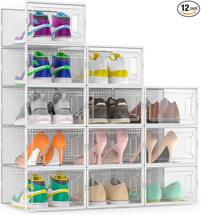 12 Pack XX-Large Clear Shoe Storage Boxes, Stackable Modular Plastic Shoe Organizer Front-Opening Door, Fit up to US Size 9 to13, Ventilated Dust-Proof Sneaker Display Cases Closet and Entryway, White