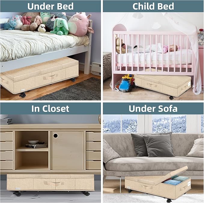 Supowin Under Bed Storage with Wheels, Rolling Underbed Storage Containers with Lids, Under Bed Shoe Storage Bins Organizer with Reinforced Metal Bottom Support and Three Handles