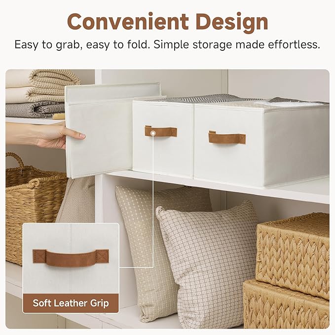 StorageWorks Closet Organizers and Storage Bins, Foldable Shelf Baskets, Clothes Storage Basket for Organization, Ivory White, 3-Pack, Large