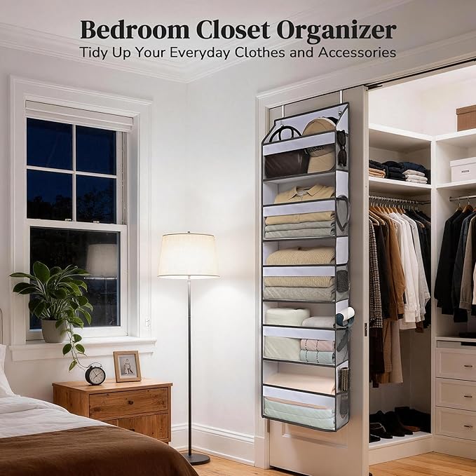5 Tiers Ultra-thin Over Door Organizer with 10 Mesh Side Pockets, 44 lbs Weight Capacity Hanging Storage Organizer with Clear Window Kids Toys, Shoes, Diapers, White & Grey