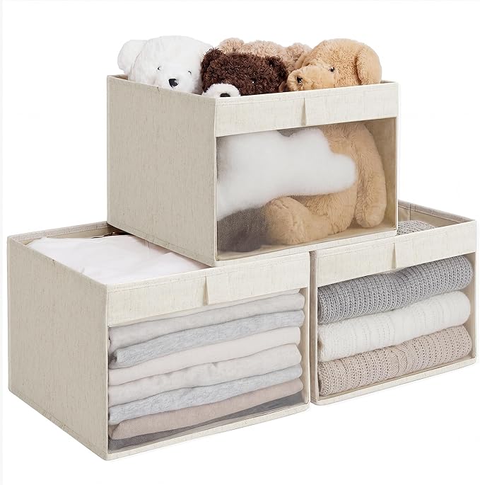 StorageWorks Closet Storage Bins with Clear Window, Large Fabric Organizer for Clothes, Collapsible Storage Baskets with PU Handles, Beige, Tianshan Cotton-Linen, 3-Pack