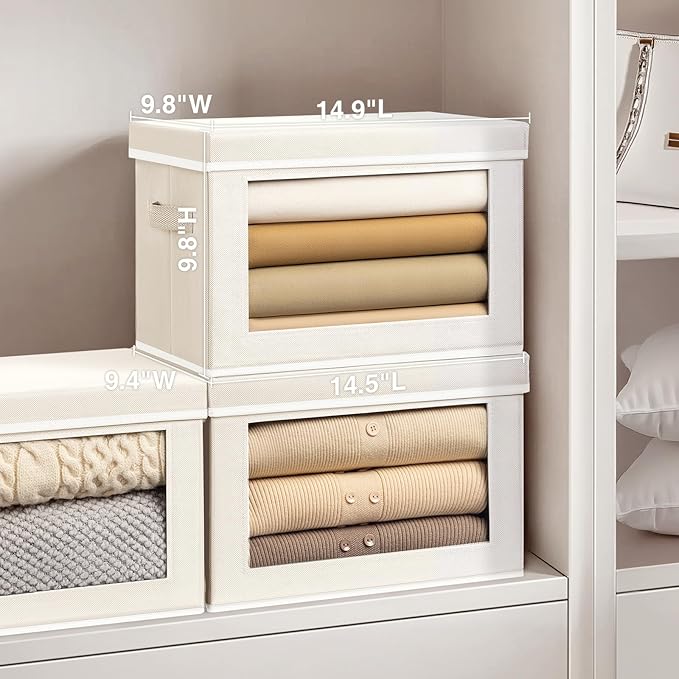 Homsorout Storage Bins with Lids - Medium Storage Box with Lids, Foldable Closet Boxes for Organizing, Stackable Clothes Organizer with Window, Cubes Bins for Living Room, 5 Pack, Beige