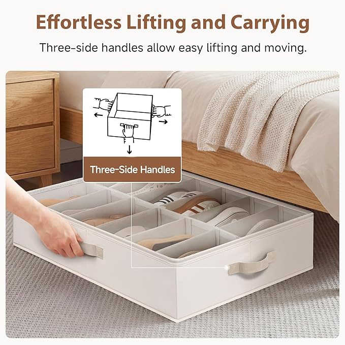 StorageWorks Underbed Shoe Storage Organizer for Closet, 2-Pack Fabric Under Bed Shoe Organizer with Adjustable Dividers, Fits up to 24 Pairs, Beige(Cottlyn Fabric)