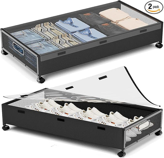 Under Bed Storage with Wheels, 2 Pack Under Bed Shoe Storage
