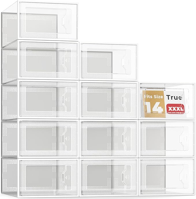 SEE SPRING XXX-Large Fit Size 14 Shoe Storage Box, Clear Plastic Stackable Shoe Organizer for Closet, Shoe Rack Sneaker Container Bin Holder for Entryway, Closet, Under Bed
