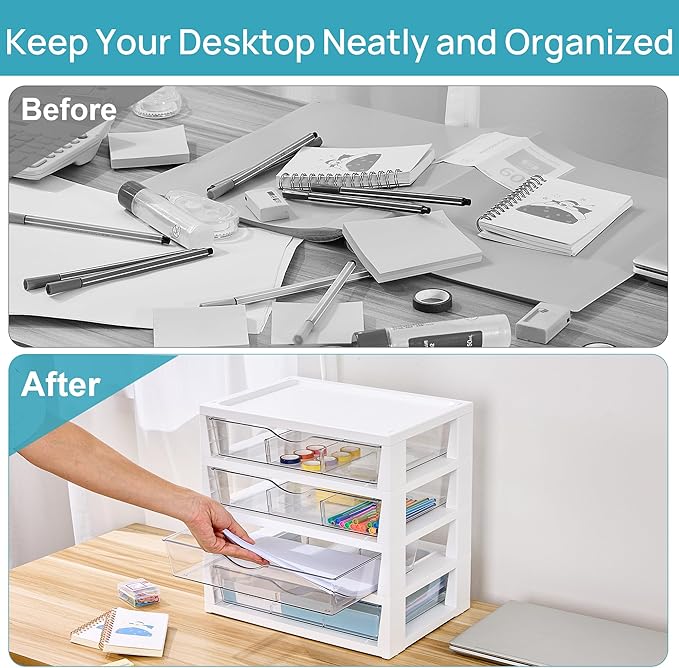 Clear Desk Organizer, 4-Tier Assemble Desktop File Organizer with Drawers