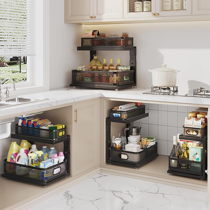 1 Pack 15IN-Depth Under Sink Organizer with Next-Gen Ball-Bearing Slides,2-Tier Precision Mesh Pull Out Cabinet Storage for Bathroom&Kitchen,Height Adjustable Drawers Shelf,Anti-Rust-Black