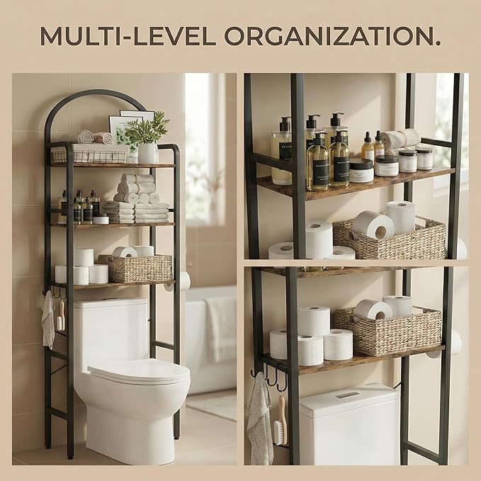 74" H Over the Toilet Storage Rack, 3-Tier Bathroom Organizer with Toilet Paper Holder & Hooks, Metal Frame with Wooden Shelves, Space Saver for Small Bathroom, Rustic Brown and Black