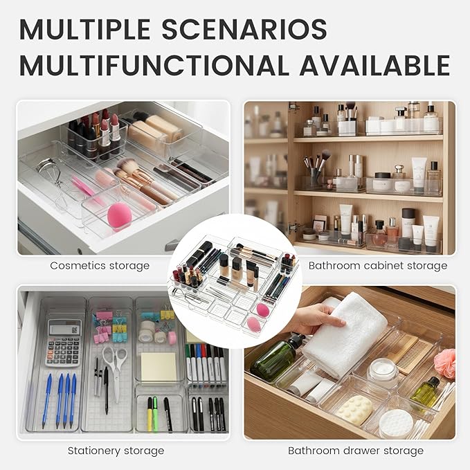 6 PCS Clear Plastic Drawer Organizer Set, 2 Sizes Acrylic Drawer Storage Trays Non Slip Storage Bins for Makeup, Jewelry, Gadgets for Kitchen, Bedroom, Bathroom, Office