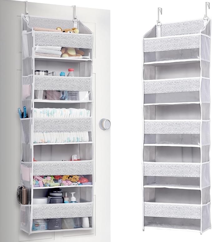 1 Pack Over Door Organizer with 5 Large Pockets 10 Mesh Side Pockets, Light Gray