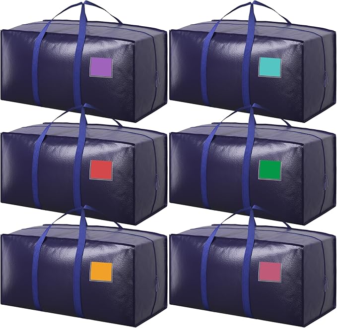 6 Pack Moving Bags Heavy Duty 210GSM with Full-Open Side Zipper, 93L 65lbs Waterproof Foldable Storage Totes for College Dorm Move-In, Moving Boxes Alternative & Home Organization, Blue