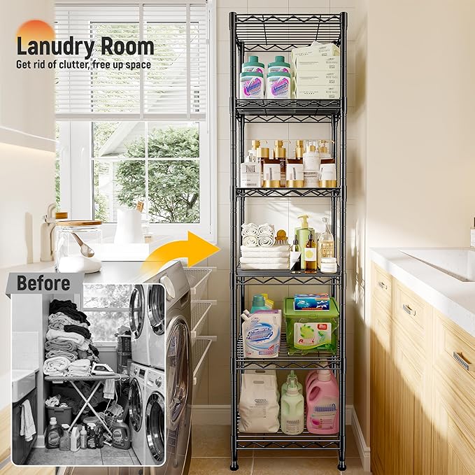 DurayLoly 6-Tier Narrow Storage Shelves with Anti-Tip Screws, 265 lbs Capacity, Adjustable Metal Wire Shelving Unit for Kitchen, Pantry, Bathroom, Laundry Room & Garage – 15.8" W x 11.8" D x 63.8" H