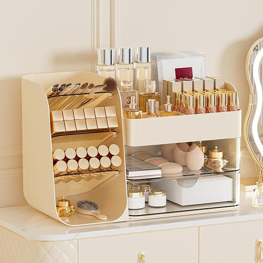 Makeup Organizer with 2 M Drawers & Brush Holders, Cream, M