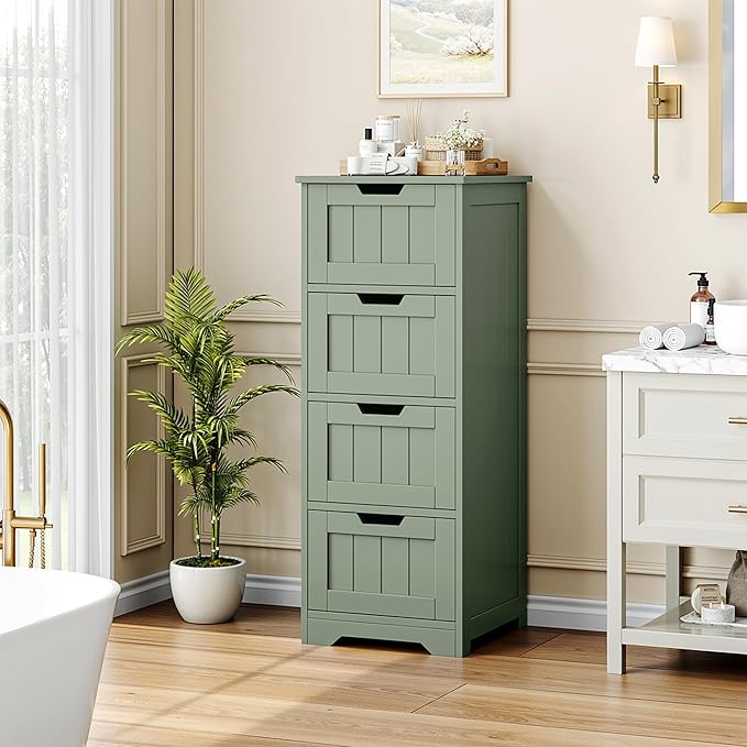 FOTOSOK Bathroom Storage Cabinet, Bathroom Cabinet with 4 Drawers, 11.8” x 11.8” x 32.5” Freestanding Entryway Cupboard Storage Organizer Unit Home Furniture Decor, Green