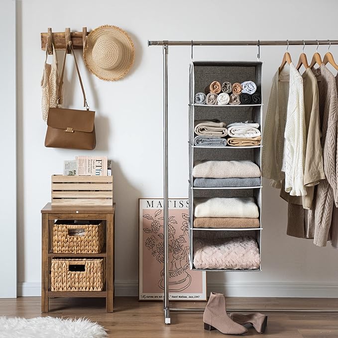 StorageWorks Hanging Closet Organizer, 5-Shelf Hanging Shelves with 2 Hooks, Foldable Space-Saving Design, Closet Organizers and Storage for Bedroom, Dorm, Locker, Gray