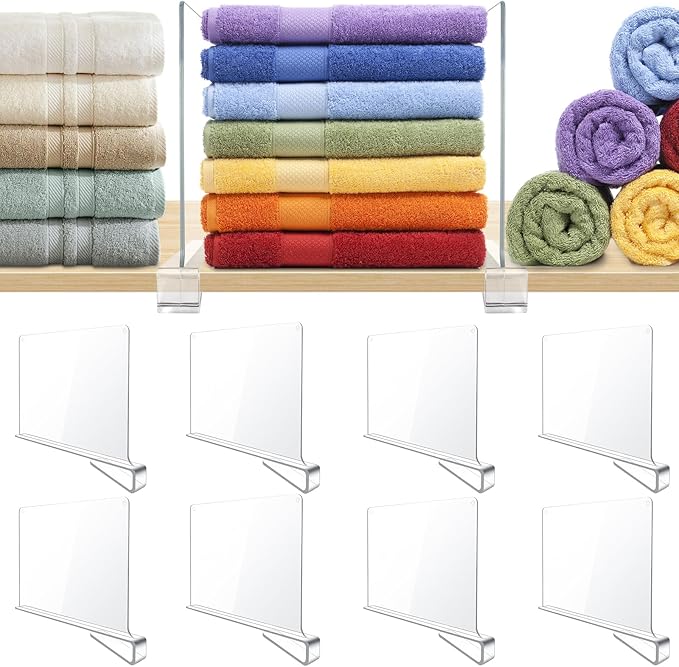 BAUMFEUER 8 Pack Clear Acrylic Shelf Dividers for Closet Shelf Organizer of Bedroom Kitchen Office Bathroom Organizer for Clothes Books Hats and Handbags
