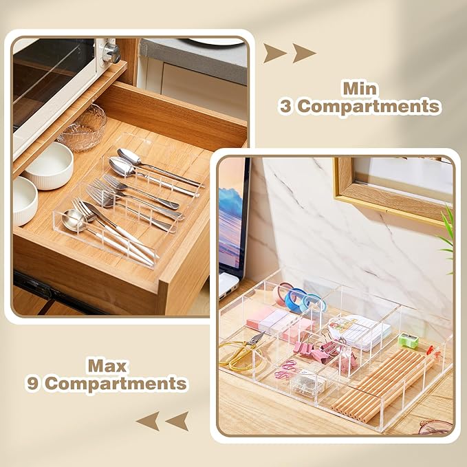 Briwooody Acrylic Drawer Organizer Clear Desk Drawer Organizer Trays with Adjustable Compartments Desk Accessories for Office Stationery Makeup Silverware Bathroom (Non Expandable)