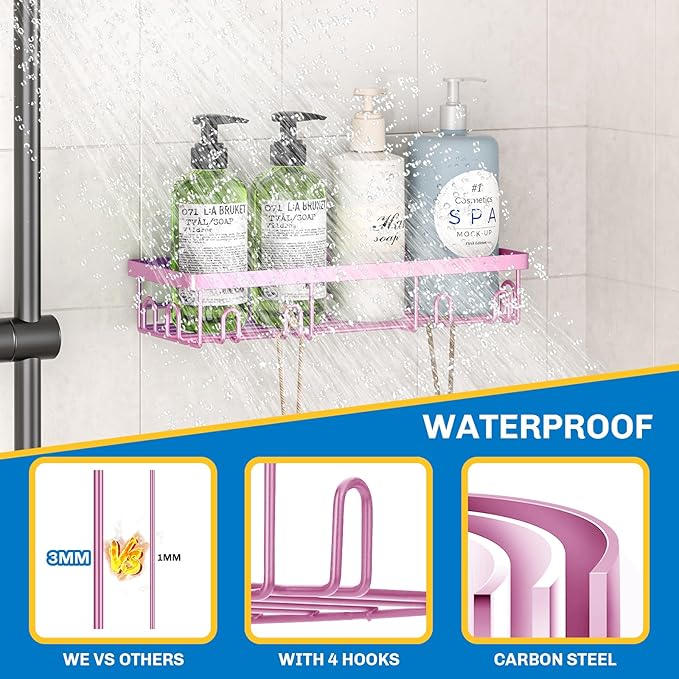 DTUQYX Shower Caddy 9 Pack,Adhesive Organizer for Bathroom Decor Accessories & Kitchen Storage,No Drilling,Large Capacity,Rustproof Stainless Steel Organizer,Home Decor Shelves (Pink 9 Pack)