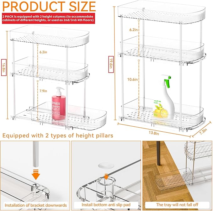 2 Pack 13.8″ Deep 3 Tier Under Sink Storage Organizer