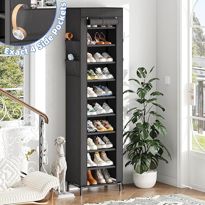 Simple Trending Narrow Shoe Rack with Cover, 10 Tier Shoe Organizer Storage, Tall Free Standing Shoe Cabinet Holds 20 Pairs for Closet, Black