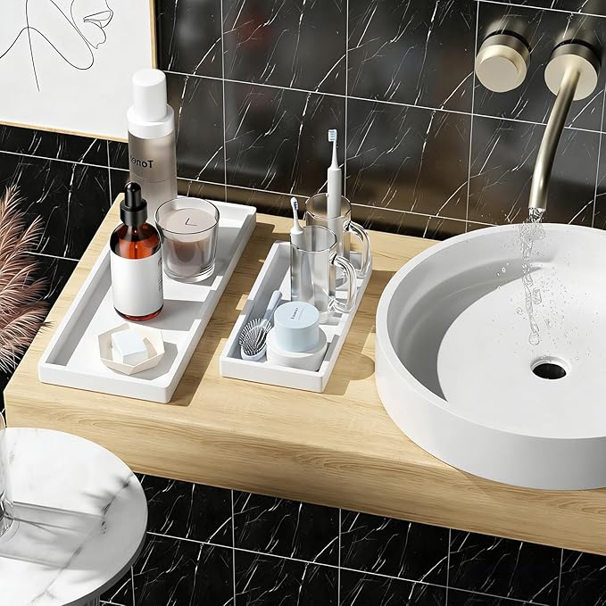 BBK Bathroom Vanity Tray- 2 Pack (7.8" and 11.8") Silicone Bathroom Tray for Counter, Perfume Key Trinket Ring Tray, Decor Soap Dispenser Countertop Tray for Kitchen Sink Organization (White)