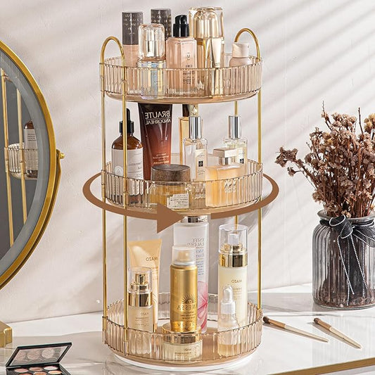 Shuang qing Rotating Makeup Organizer for Vanity, Gold, 3 Tier