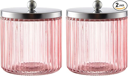 2-Pack Pink Glass Bathroom Canister Set with Silver Metal Lids, Stylish