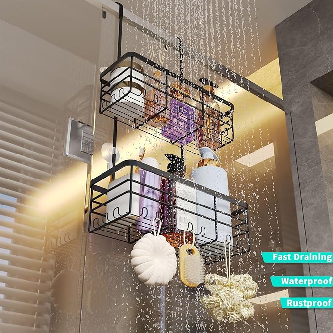 Hanging Shower Caddy Organizer, No Drilling Shower Organizer with Hooks, Black