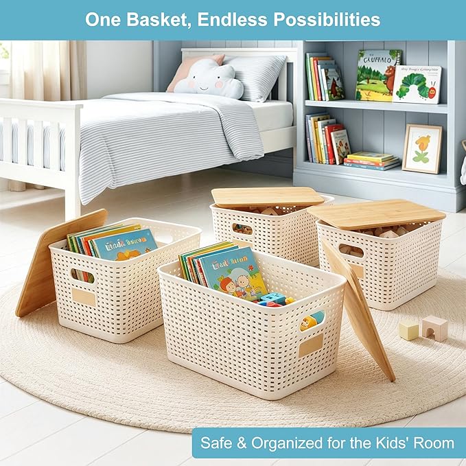 2 Pack Tall Plastic Storage Bins with Bamboo Lids, Cream White