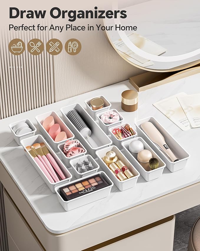13 Pack Plastic Drawer Organizers Set, White