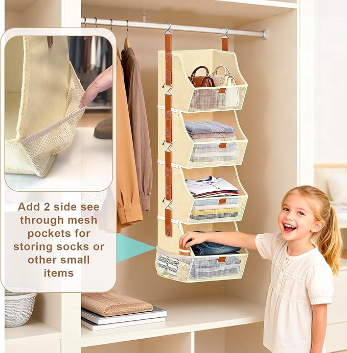 Fabric 4 Tier Hanging Closet Organizers Heavy Duty Shelf Hanging Storage Towel Clothes Sweater Jeans Bag Organizer For Closet For Bedroom,Dorm,RV,See Through Front Panel, Space-Saving (Beige-4Tier)