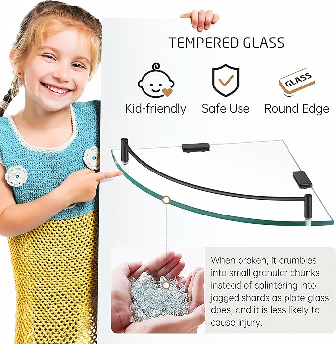 KES Bathroom Glass Corner Shelf Tempered Glass Shelf with Rail Wall Mount Corner Shelf SUS 304 Stainless Steel Matte Black 2 Pack, BGS2101A-BK-P2
