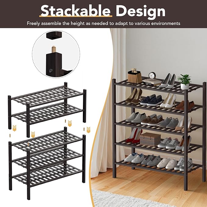 Haddockway 3 Tier Bamboo Shoe Rack Storage Organizer, Multifunctional Free Standing Stackable Shoe Shelf with Grid Panel for Closet,Hallway,Entryway,Small Space 27"x11"x20"