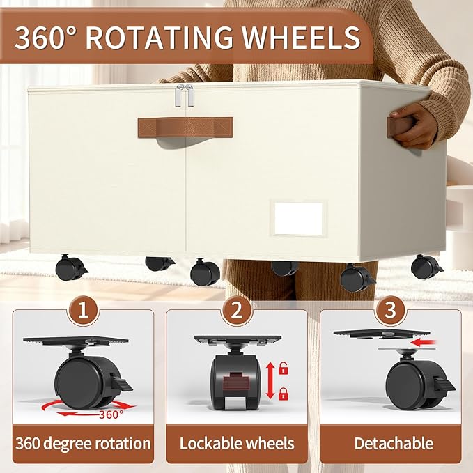 Foyego Shoe Organizer for Closet, Shoe Storage Organizer with Wheels and Adjustable Dividers, Stackable Shoe Storage Box with Clear Cover, Foldable Closet Shoe Organizer Fits up to 24-48 Pairs, Beige
