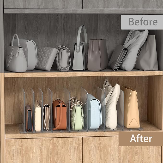 SortNStore Bag & Purse Organizer for Closet: Adjustable Clear Handbag Storage Shelf - Plastic Clutch Dividers for Closet Organizers and Storage - Keep Carteras & Pocketbook Upright