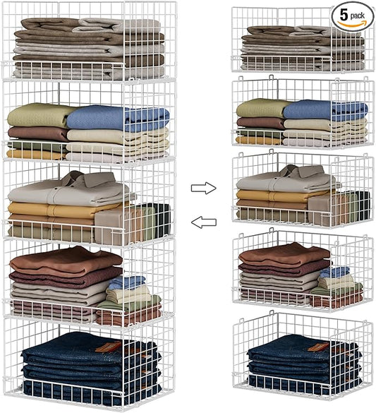 Yociyoga 5-Tier Stackable Closet Organizers and Storage Basket - Foldable Closet Shelf Organizer System, Space-Saving Clothes Storage Bins Drawer Organizer for Wardrobe, White (Patent 30022416)