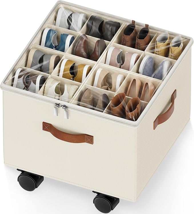 Large Shoe Organizer for Closet, Adjustable Dividers Shoe Storage Box Bins with Wheels Clear Cover Reinforced Handle Fits up to 16 Pairs, Foldable Shoe Organizer for Entryway Beige