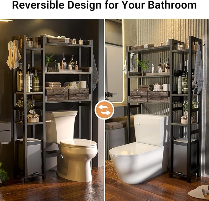 Besiost Over The Toilet Storage with 2 Drawers - 7 Tier Bathroom Organizer with Adjustable Shelf, Freestanding Space Saver Storage Rack Above Toilet Stand with 4 Hooks for Restroom, Laundry, Grey Oak