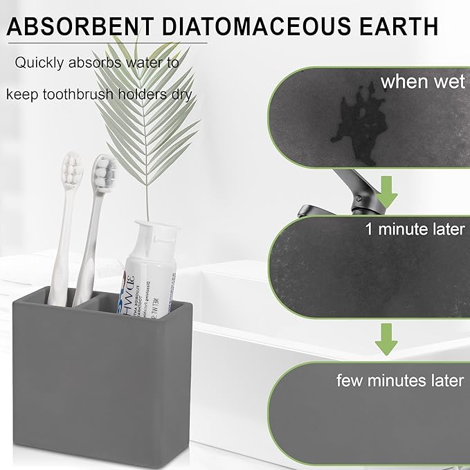 Diatomite Toothbrush Holder 2 Slots Tooth Brush Holder for Bathroom, Kids Electric Toothbrush and Toothpaste Organizer for Countertop, Shower, Vanity, Dark Grey