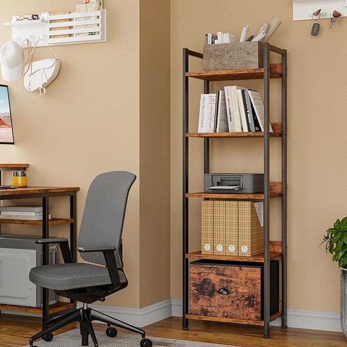 5 Tier Bookshelf with Drawer, Tall Narrow Bookcase with Shelves, Rustic Brown