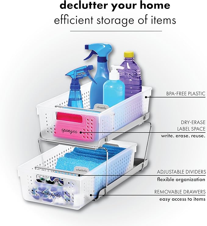 madesmart 2 Tier Organizer, Under Cabinet Storage with Pull Out Sliding Drawers, for Cleaning Supplies, Pantry, Undersink, Sponges, Bottles & Bath, Pull Out Baskets, Frost 2 PACK
