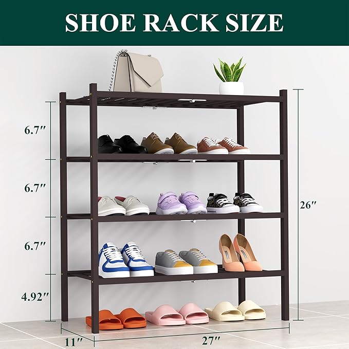 Smiry Bamboo Shoe Rack, 4 Tier Free Standing Wooden Shoe Organizer, Stackable Wood Shoe Storage Shelf for Closet, Entryway, 14 Vertical Slats, 2+2 Stack Heavy-Duty Legs, 26.8"x11"x26", Brown