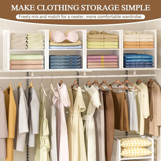 4-Tier Stackable Closet Organizers and Storage Basket, Wire Clothes Shelf Organizer Bins, Sweater Storage for Wardrobe Cupboard, Multifunctional Cube Storage Box for Kitchen Bath Laundry Room, White