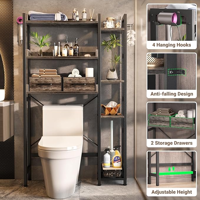 Besiost Over The Toilet Storage with 2 Drawers - 7 Tier Bathroom Organizer with Adjustable Shelf, Freestanding Space Saver Storage Rack Above Toilet Stand with 4 Hooks for Restroom, Laundry, Grey Oak