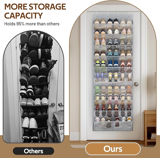 MISSLO 30 Pairs Over the Door Shoe Organizer Breathable Mesh Hanging Shoe Rack for Closet Storage with Wide Deep Pockets 10 Tier Shoes Holder Fit All the Family's Sneakers, Boots, Heels (Grey, 71")