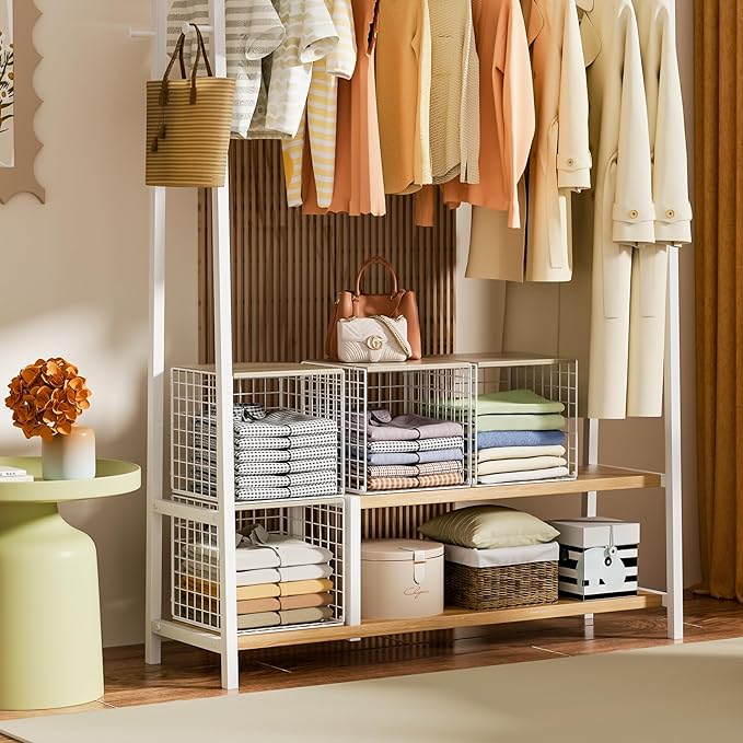 Hencawima 4 Pack Closet Organizers and Storage with Wood Top, Stackable Closet Shelf Organizer, Double Storage Design, Clothes Storage Basket/Cube Organizer for Wardrobe, Sturdy, White