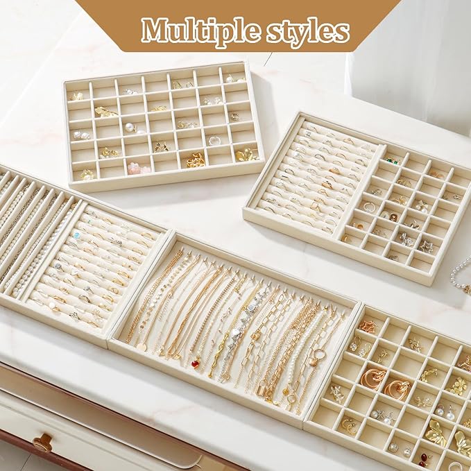 Large Velvet Jewelry Tray 2 Pack Stackable Jewelry Display Drawer Inserts Trays Organizer for Earring Bracelet Necklace Ring (Beige, Ring and 9 Grids)