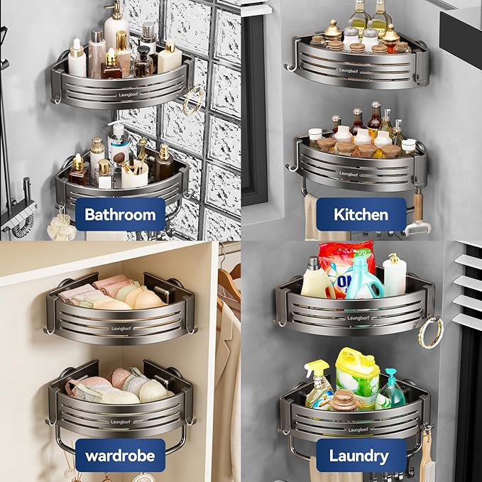 Corner Shower Caddy Suction Cup – Rustproof Aluminum Triangle Shelf with Hooks & Towel Bar, Laungborf No-Drill Wall Storage for Bathroom Kitchen Laundry (Matte Gray, 2 Pack)