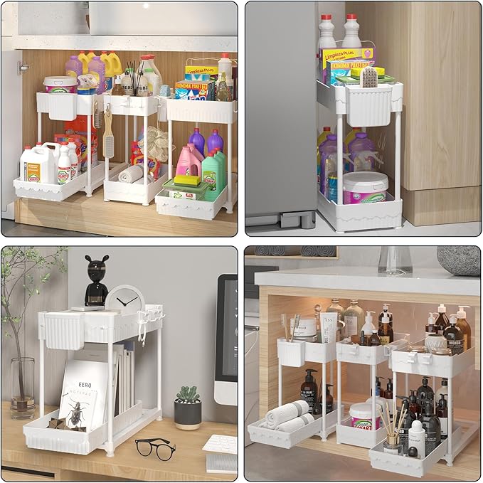 Sevenblue 3 Pack Under Sink Organizers, 2-Tier Multi-Use Kitchen and Bathroom Organizers and Storage with Sliding Drawers, Bathroom Cabinet Organizer (White, 14.8 Inch)